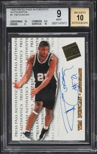 1998 Press Pass Authentics Tim Duncan AUTO #1 BGS 9 MINT graded card