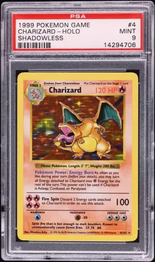1999 Pokemon Base Set Shadowless Holo Charizard #4 PSA 9 MINT graded card