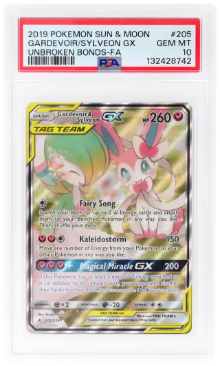 2019 Pokemon Sun and Moon Unbroken Bonds Gardevoir/Sylveon Gx #205 PSA 10 graded card