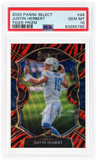 2020 Panini Select Concourse Tiger Prizm Justin Herbert #44 PSA 10 graded card