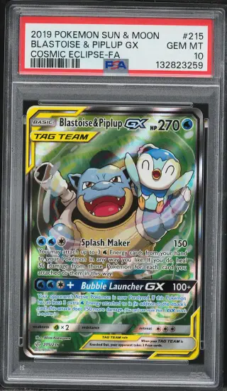 2019 Pokemon Sun & Moon Cosmic Eclipse Full Art Blastoise & Piplup GX #215 PSA 10 GEM MINT graded card