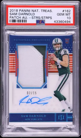 2018 National Treasures Stars & Stripes Sam Darnold ROOKIE PATCH AUTO /15 #162 PSA 10 GEM MINT graded card