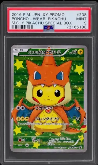 2016 Pokemon XY Promo Japanese Mega Charizard Y Special Box Poncho Wearing Pikachu #208XYP PSA 9 graded card
