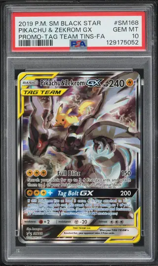 2019 Pokemon Sun & Moon Promo Tag Team Tins Full Art Pikachu & Zekrom GX #SM168 PSA 10 GEM MINT graded card