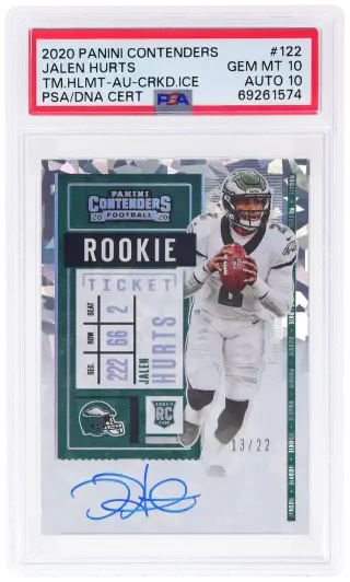 2020 Panini Contenders Team Helmet Variation Rookie Ticket Autograph Cracked Ice Jalen Hurts #122 13/22 PSA 10 graded card