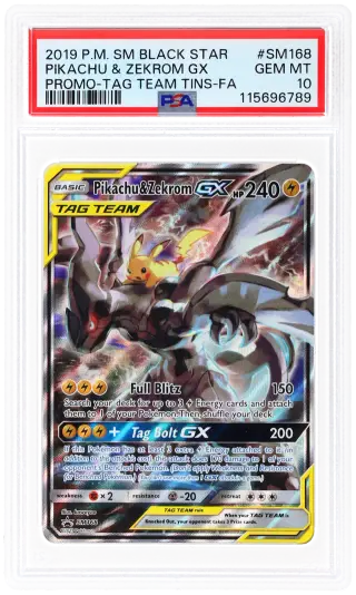 2019 Pokemon Sun and Moon Black Star Promo Tag Team Tins Pikachu/Zekrom Gx #SM168 PSA 10 graded card
